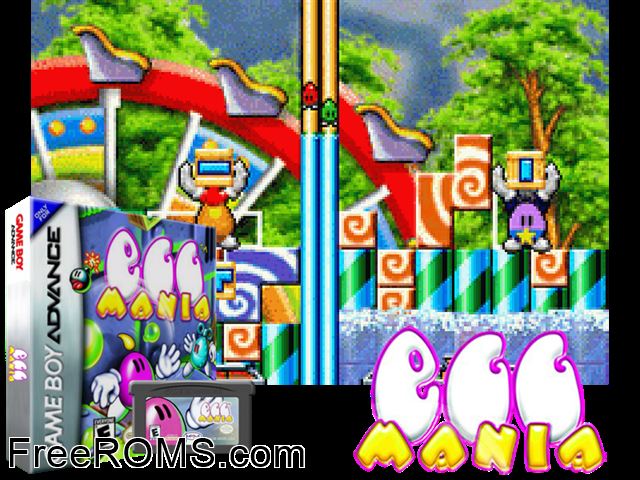 Egg Mania Gameboy Advance game showing 3D box cover and gameplay screenshot